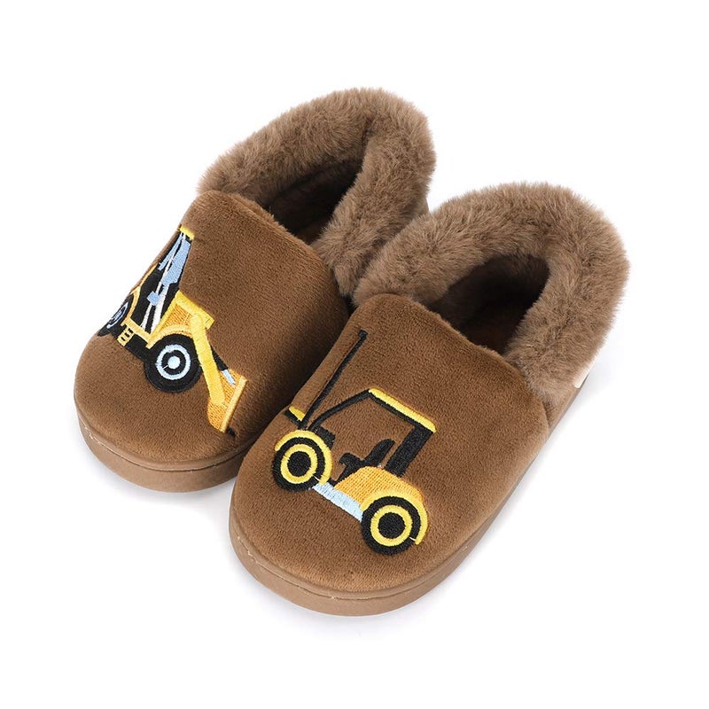 ESTAMICO Boys Girls Warm Slippers Cartoon Truck Kids Winter Indoor Household Shoes, Khaki 9-10 Toddler - Image 1